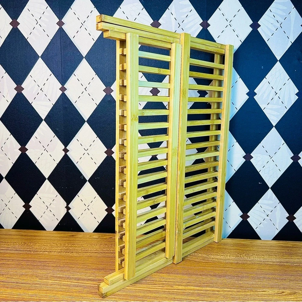 Collapsible‎ Bamboo Plate Rack Folding Slatted Farmhouse Kitchen Storage